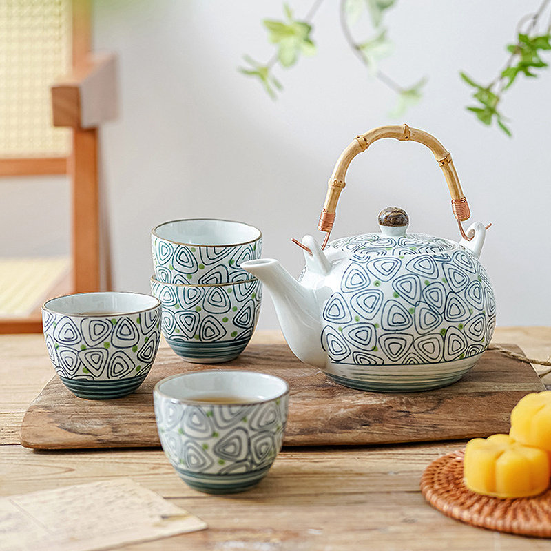 创意北欧日式田园风格家用可爱手绘釉下彩陶瓷提梁茶壶具杯子套装,餐饮具,整套茶具,淘宝优惠券,粉丝福利购,淘宝优惠卷