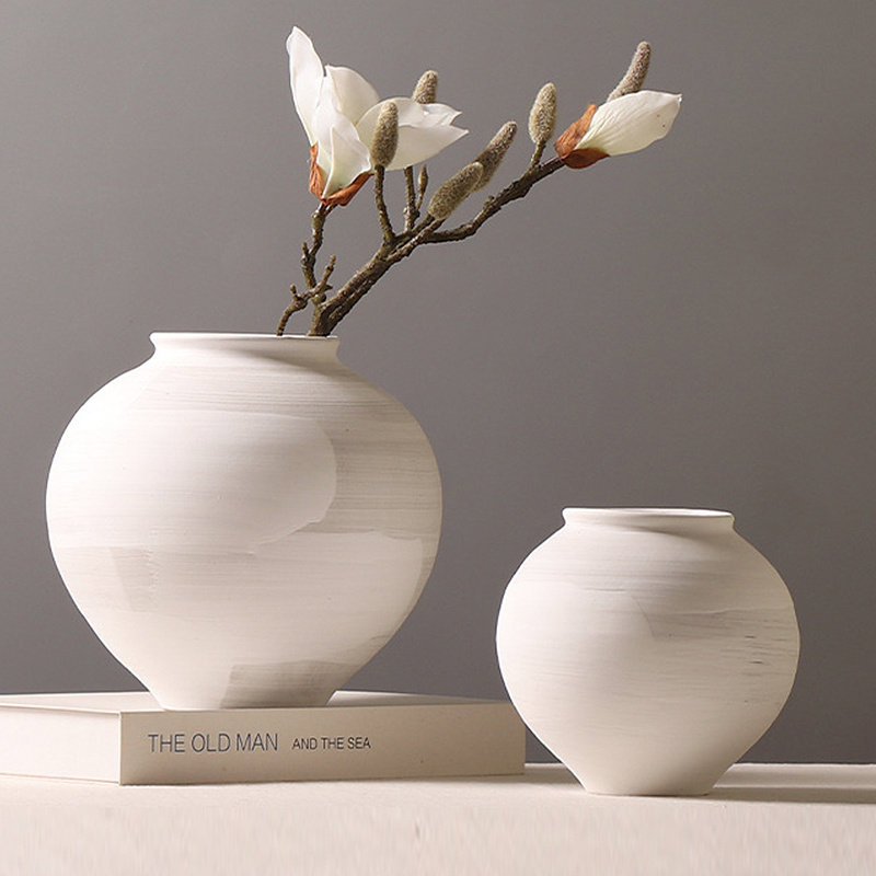 新中式样板间会所酒店陈设品大号手工拉坯粗陶简约白色陶瓷罐摆件