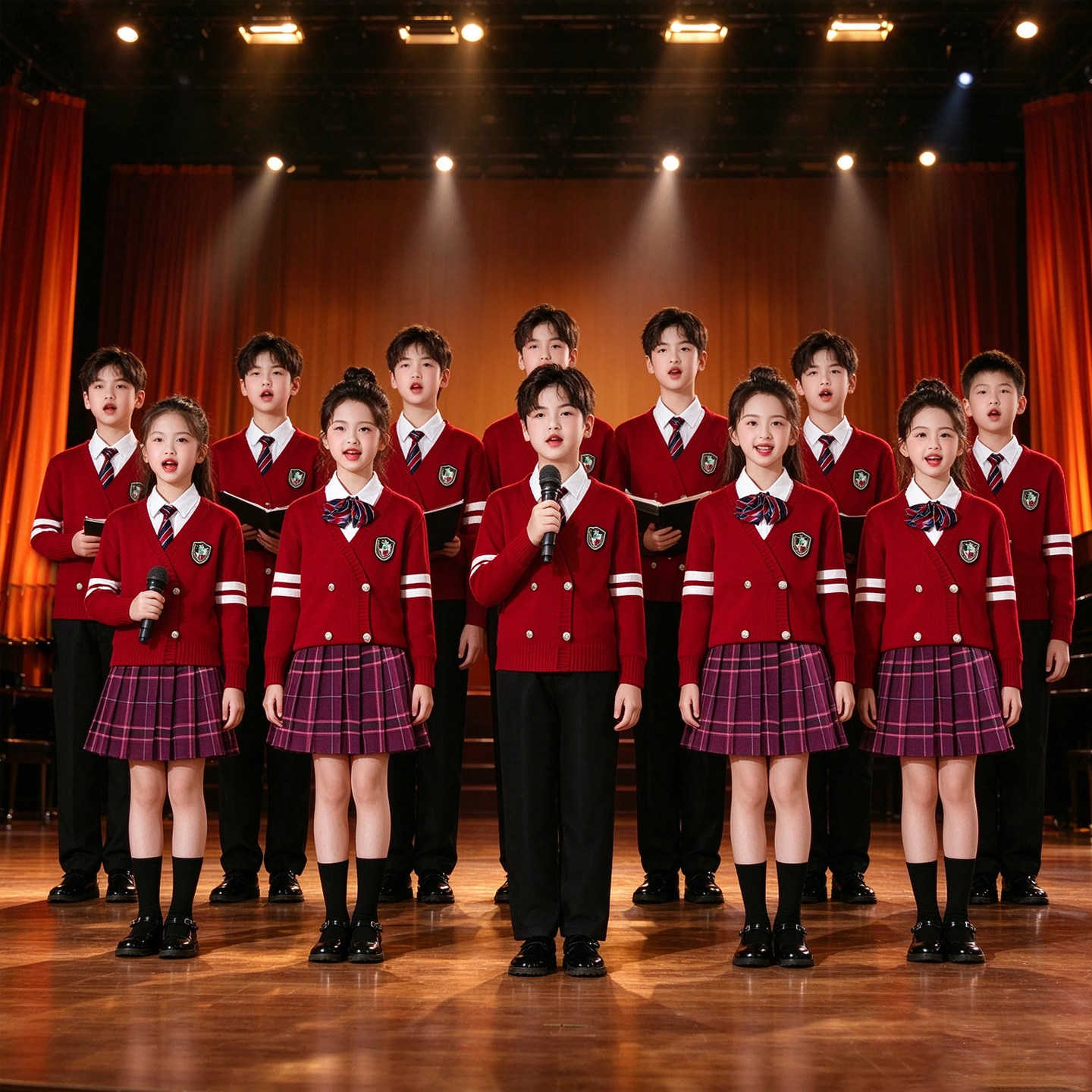 儿童合唱团演出服小学生诗歌朗诵合唱表演服红色毛衣套装秋冬加绒