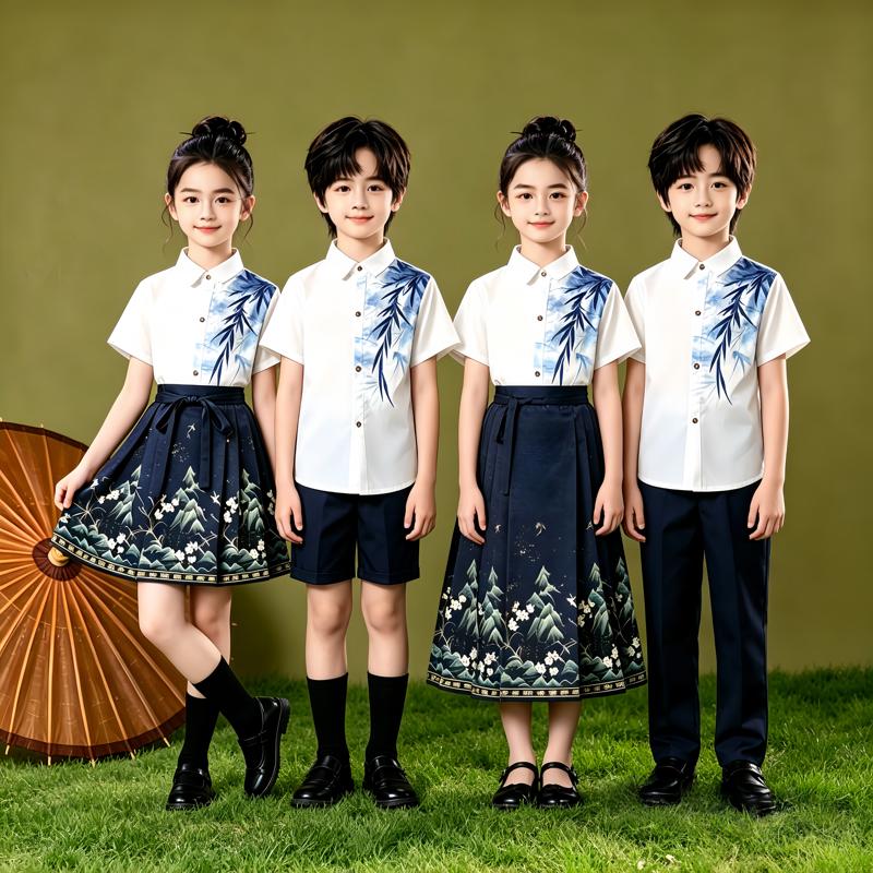 国庆节儿童合唱演出服中小学生爱国诗歌朗诵比赛服新中式马面裙