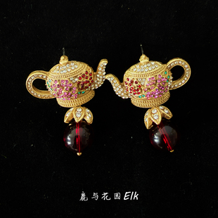 鹿与花园 水壶欧美vintage复古风雕刻镶钻耳饰耳钉bottle首饰 溺