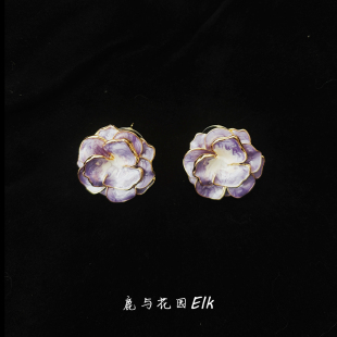 Vintage复古中古珐琅油山茶花耳钉耳环 Monet 鹿与花园 莫奈花园