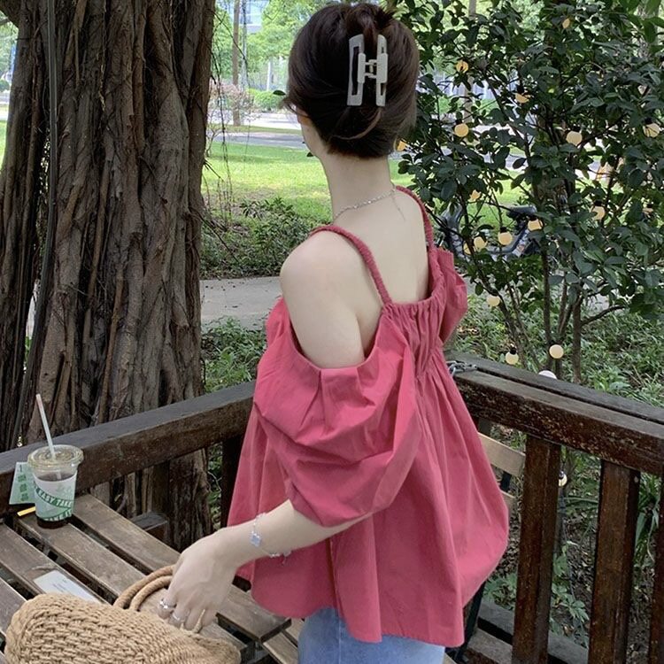 韩系树莓粉吊带衬衫女装夏季新款衬衫