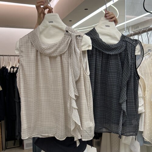 2026夏季新款韩系格子飘带雪纺衫女文艺气质百搭系带斜肩背心上衣