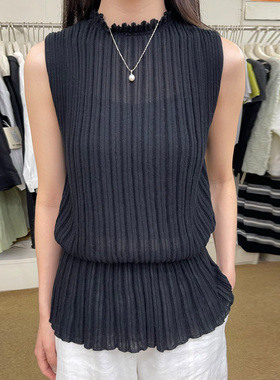 2026春季温柔韩系风压褶收腰无袖背心女黑色针织显瘦百搭显瘦上衣