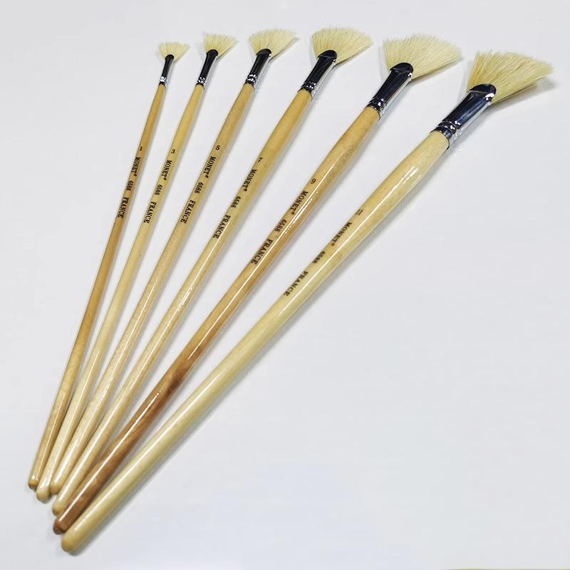 Monet莫奈原木杆猪鬃毛扇形笔专业水粉画笔硬毛丙烯油画笔6支套装