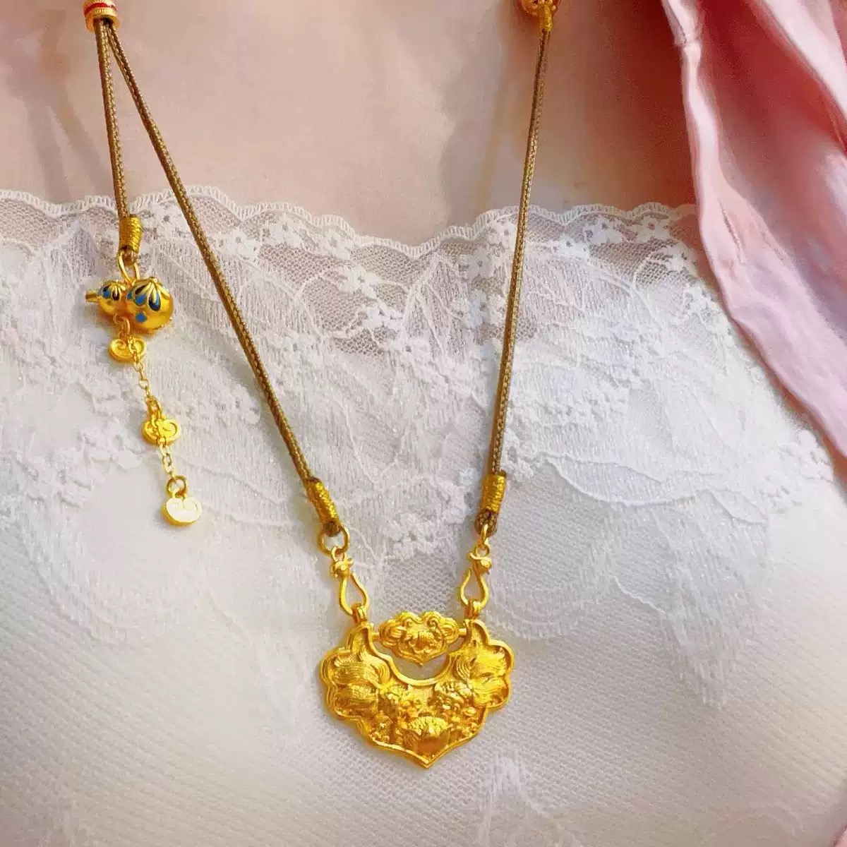莲花锁包葫芦沙金套链仿真黄金锦鲤项链新中式平安锁轻奢高级感女