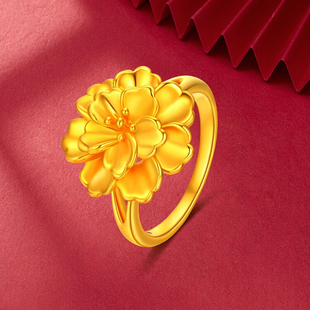 牡丹玫瑰大花朵活口戒指闭口女款沙金色久不掉色金店同款