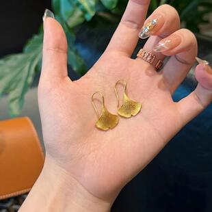 银杏叶沙金耳钩仿真黄金耳饰轻奢高级感婚嫁首饰结婚订婚三金耳环