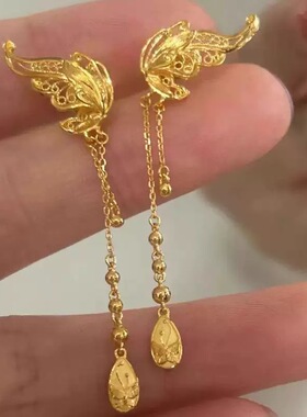 花丝蝴蝶流苏耳环女仿真黄金点钻轻奢高级感耳钉耳坠耳饰婚嫁饰品