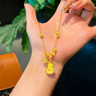马上有钱沙金项链仿真黄金葫芦铜钱锁骨链轻奢高级感招财新中式女