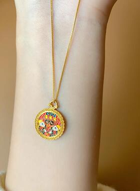 扎基拉姆沙金吊坠古法仿真黄金色圆牌毛衣链藏式复古项链聚财饰品