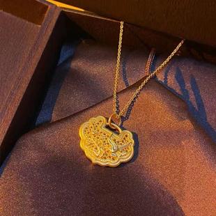 喜上眉梢沙金吊坠黄金色项链女平安锁金锁锁骨链金店同款不掉色