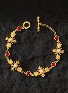 镶嵌珍珠沙金花丝手链女金店同款凤熹手串复古华丽不掉色通勤气质