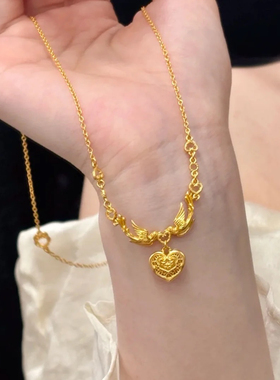 喜鹊心形项链仿真黄金古法传承沙金色新中式婚嫁首饰国风结婚三金