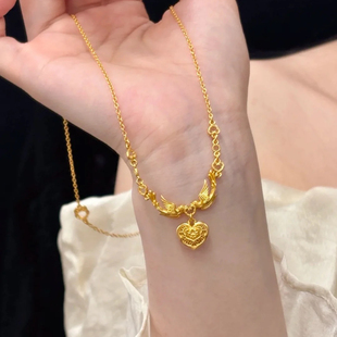 喜鹊心形项链仿真黄金古法传承沙金色新中式婚嫁首饰国风结婚三金