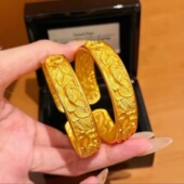 宽版 牡丹花沙金手镯仿真黄金实心轮胎复古花朵新中式 国风复古镯子