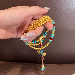 108颗多圈佛珠沙金长项链降魔杵女古法黄金色999磨砂红蓝国风手链