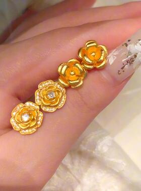 玫瑰花沙金耳钉仿真黄金色花朵镀金饰耳饰女秀禾龙凤褂婚嫁假饰品