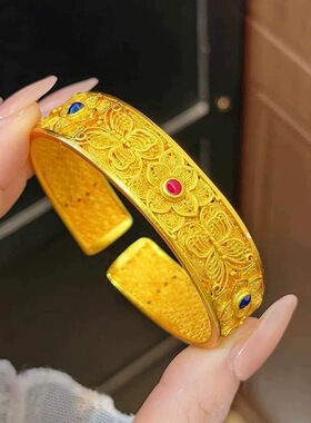 花丝宽面沙金手镯蝶恋花黄金色蝴蝶花朵金店同款宫廷复古女款镯子