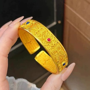 花丝宽面沙金手镯蝶恋花黄金色蝴蝶花朵金店同款宫廷复古女款镯子