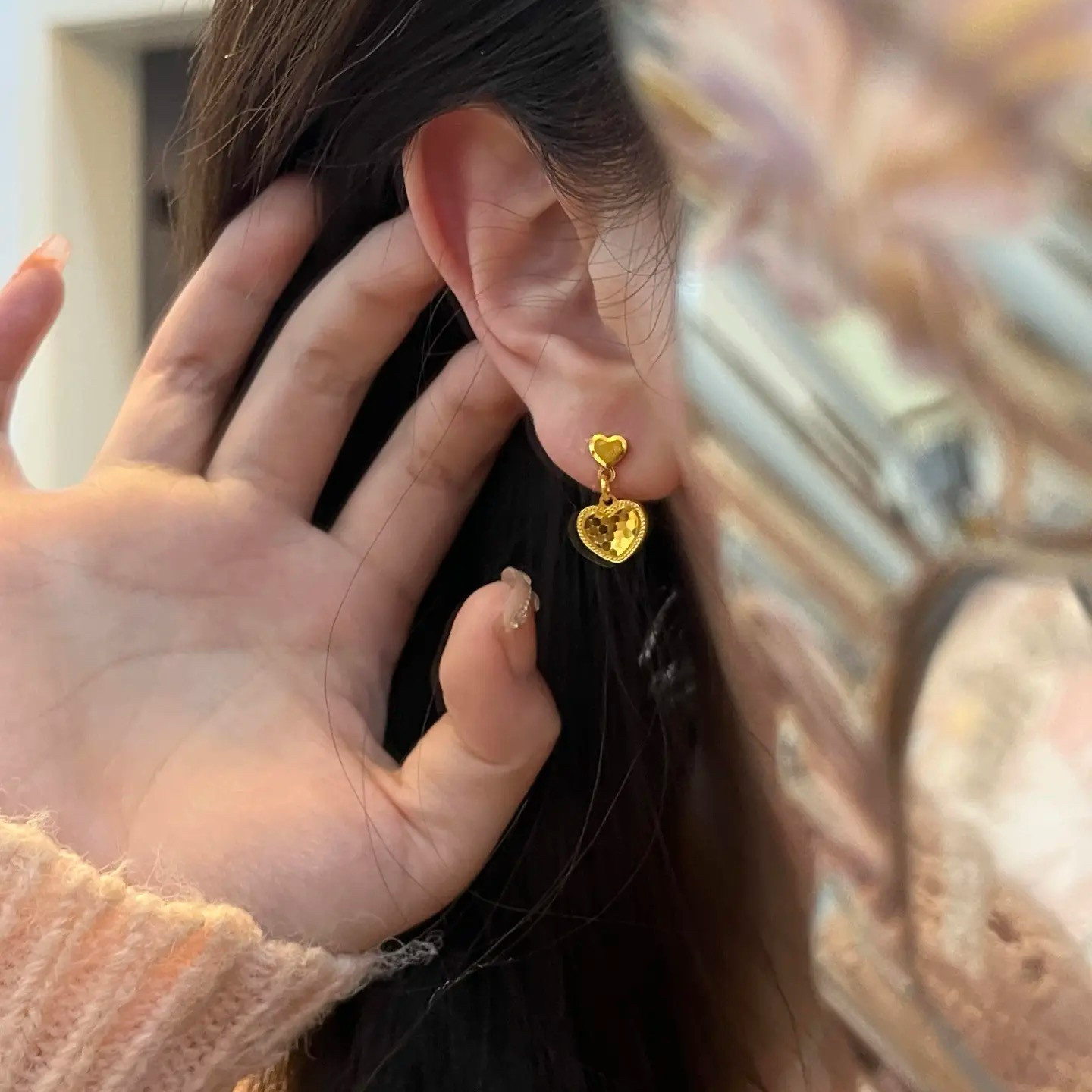 爱心沙金耳钉龙鳞爆闪仿真黄金新中式耳环女款金店同款轻奢耳饰