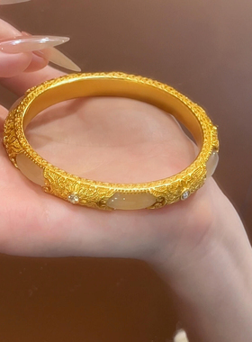 宫廷风花丝手镯仿真黄金仿真和田玉镯子金店同款雕花金玉良缘手饰