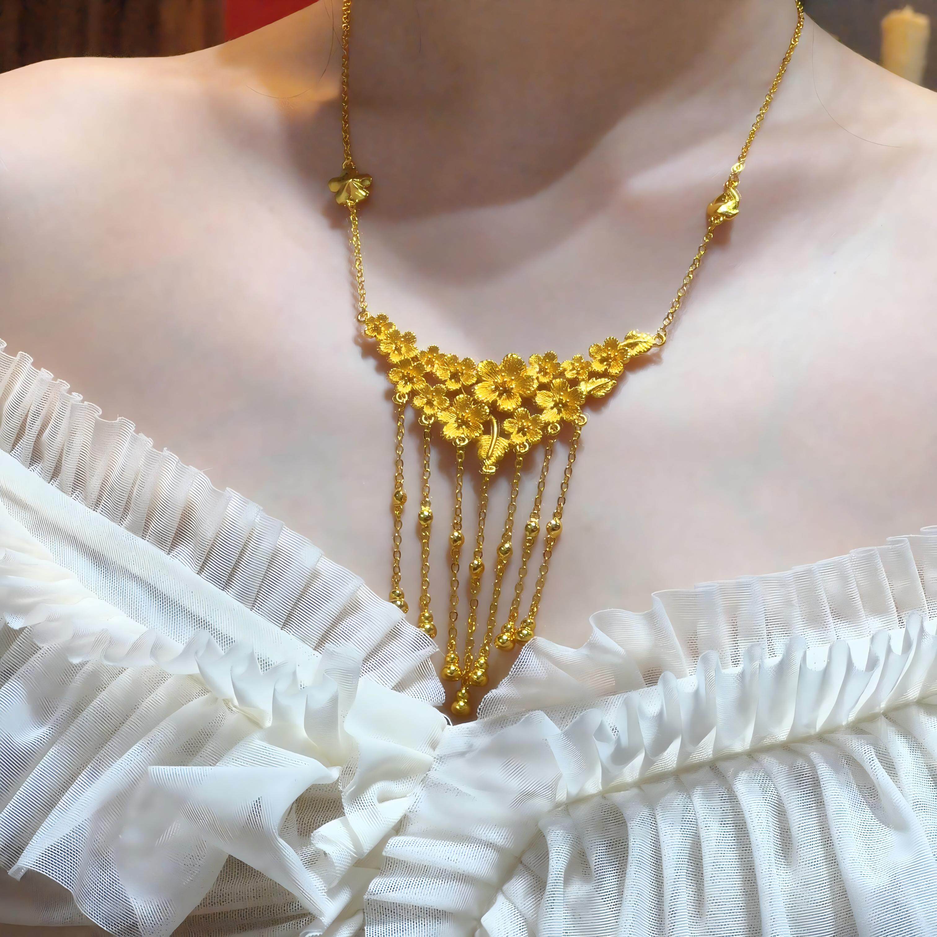 婚嫁假三金花朵项链仿真黄金色婚嫁假五金花朵镀金女款新娘首饰