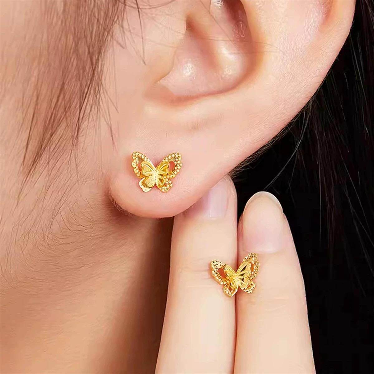 黄金色小仙蝶耳钉双层蝴蝶耳环新中式仿真沙金2024年新款轻奢耳饰