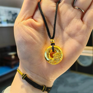 龙凤平安扣沙金吊坠仿真黄金色祥云龙生肖项链凤凰黑绳毛衣链