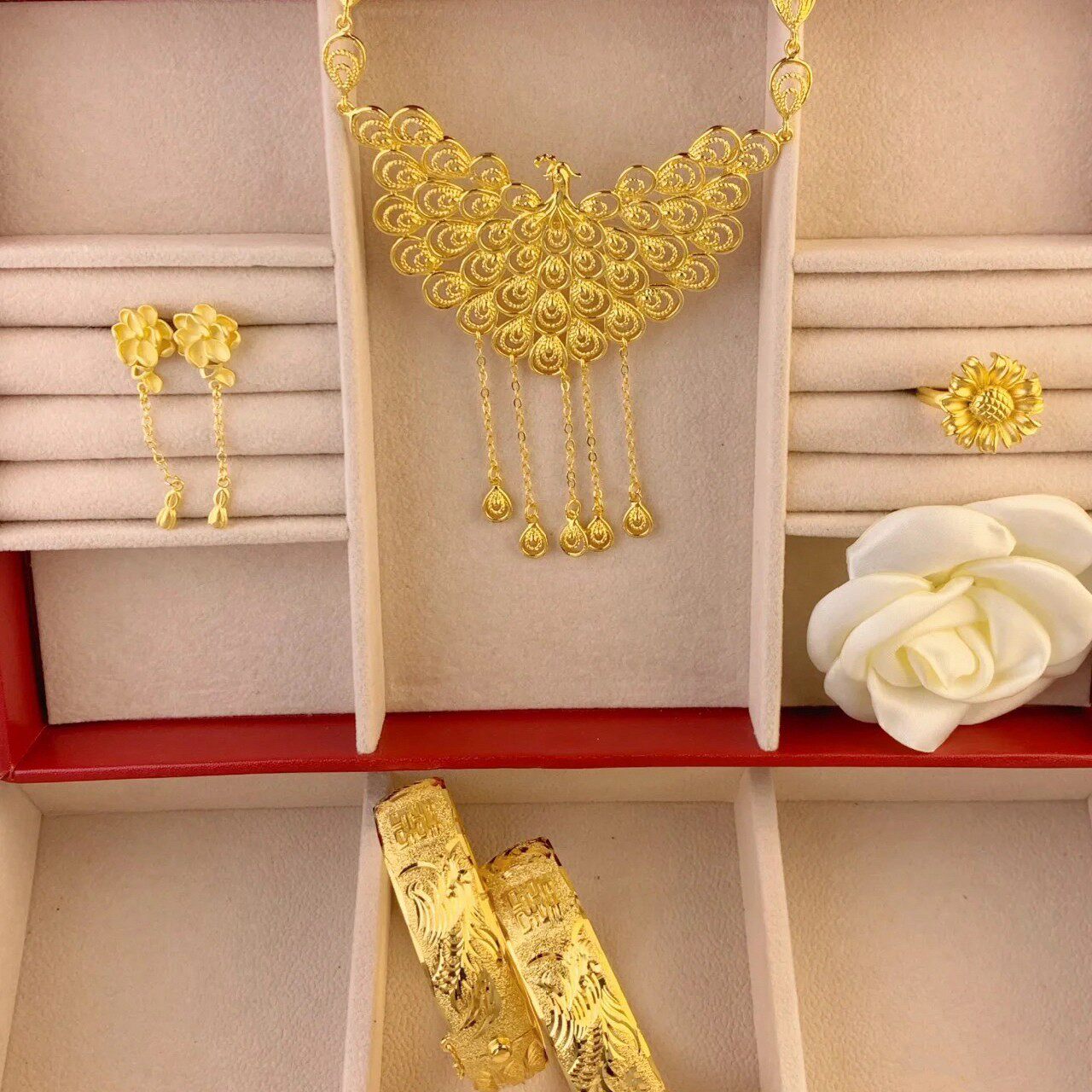 孔雀项链仿真假黄金三金首饰五金一套猪牌龙凤手镯中式结婚