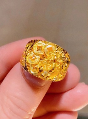 貔貅钱币男士戒指新年仿真黄金沙金招财平安轻奢高级感开口食指环