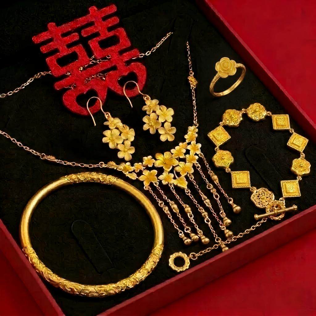 花朵仿金结婚五金婚嫁套装三金项链首饰订婚摆台仿真黄金色假沙金