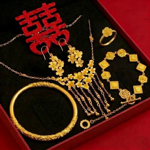 花朵仿金结婚五金婚嫁套装三金项链首饰订婚摆台仿真黄金色假沙金