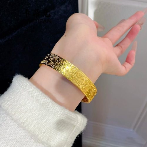 吉言莲花沙金手镯金店同款女仿真黄金大克重开口宽面福字久不掉色