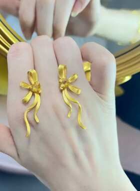 丝带耳钉女爱心飘带仿真黄金拉丝蝴蝶结流苏宴会耳环饰品送女友