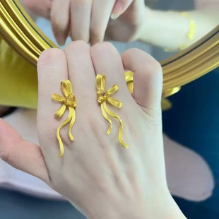 丝带耳钉女爱心飘带仿真黄金拉丝蝴蝶结流苏宴会耳环饰品送女友