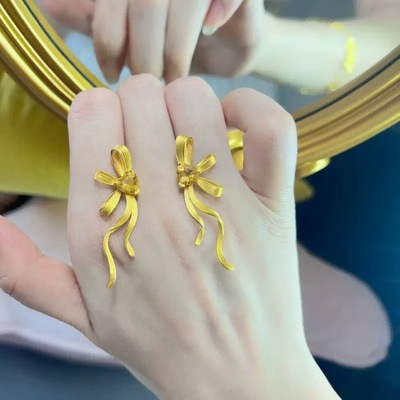 丝带耳钉女爱心飘带仿真黄金拉丝蝴蝶结流苏宴会耳环饰品送女友