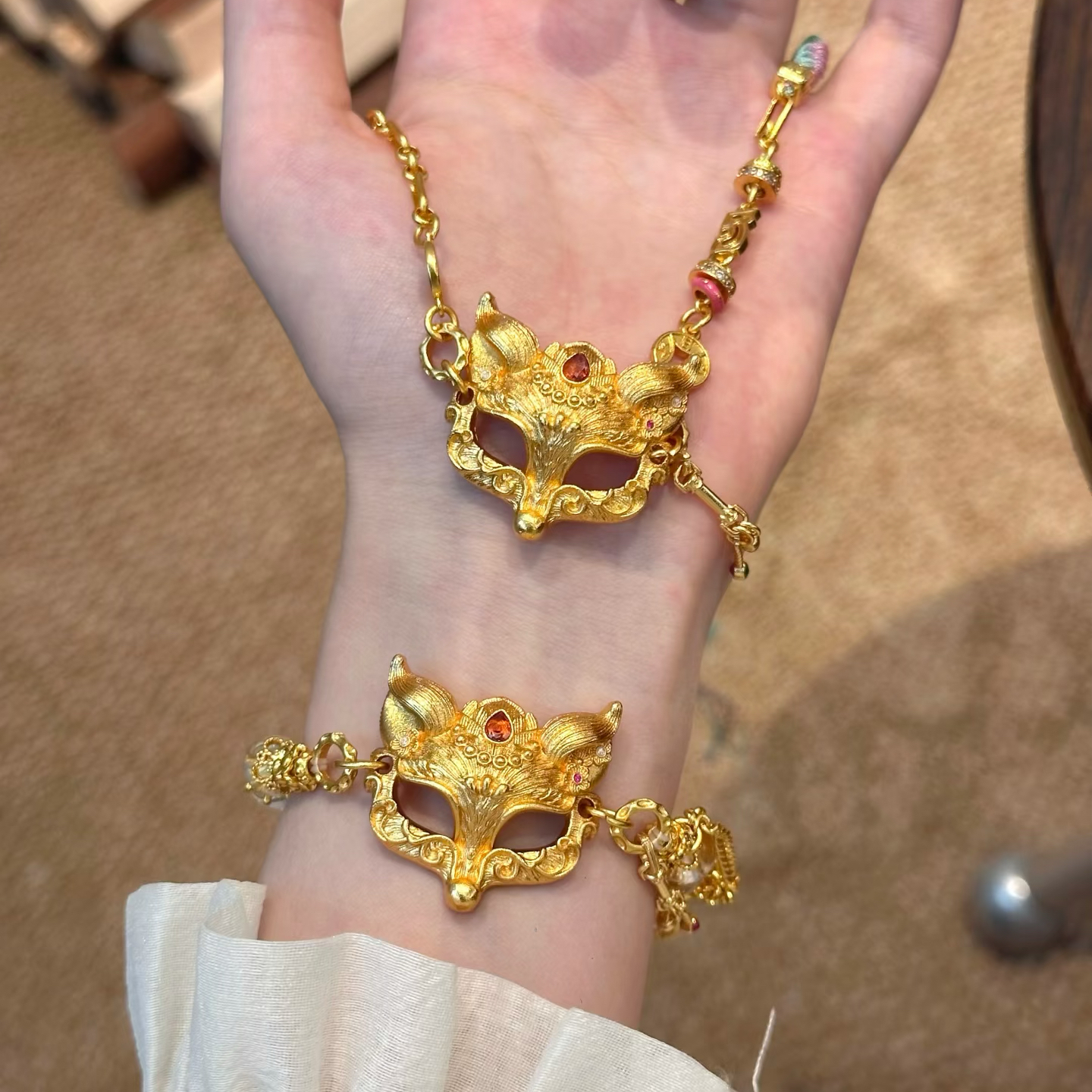 澜焰狐面沙金项链假面狐狸面具仿真黄金灵狐流苏手链编绳毛衣链