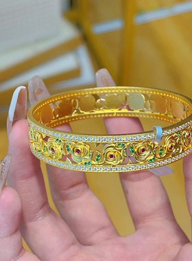 玫瑰花沙金手镯女珐琅彩仿真黄金点钻轻奢设计感高级手环镯子戒指