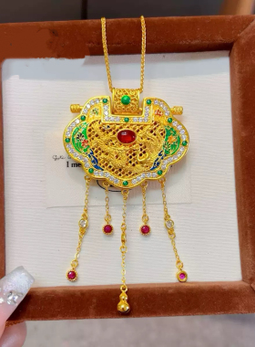 天子门生锁包吊坠女龙凤呈祥项链仿真黄金沙金锁骨链婚嫁金锁结婚