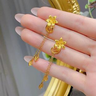 花蕊仙百合沙金耳钉流苏长耳线黄金色婚嫁花开荷花仿真假三金耳环