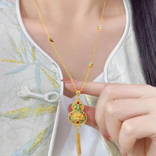 古法黄金色花丝福禄生莲项链琳琅彩葫芦沙金烧蓝流苏套装手链耳饰