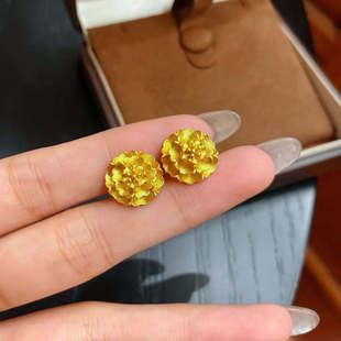 牡丹花沙金耳钉仿真黄金婚嫁结婚花朵耳饰新中式国风流苏备婚耳坠