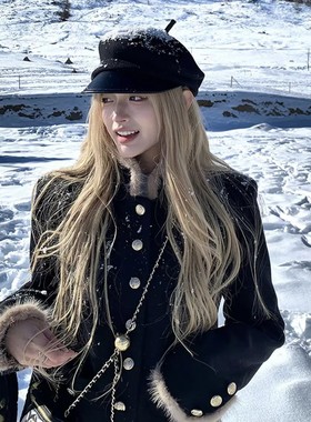 小香风黑色毛呢外套女冬季加绒拼接毛毛边立领短款高级感加厚大衣
