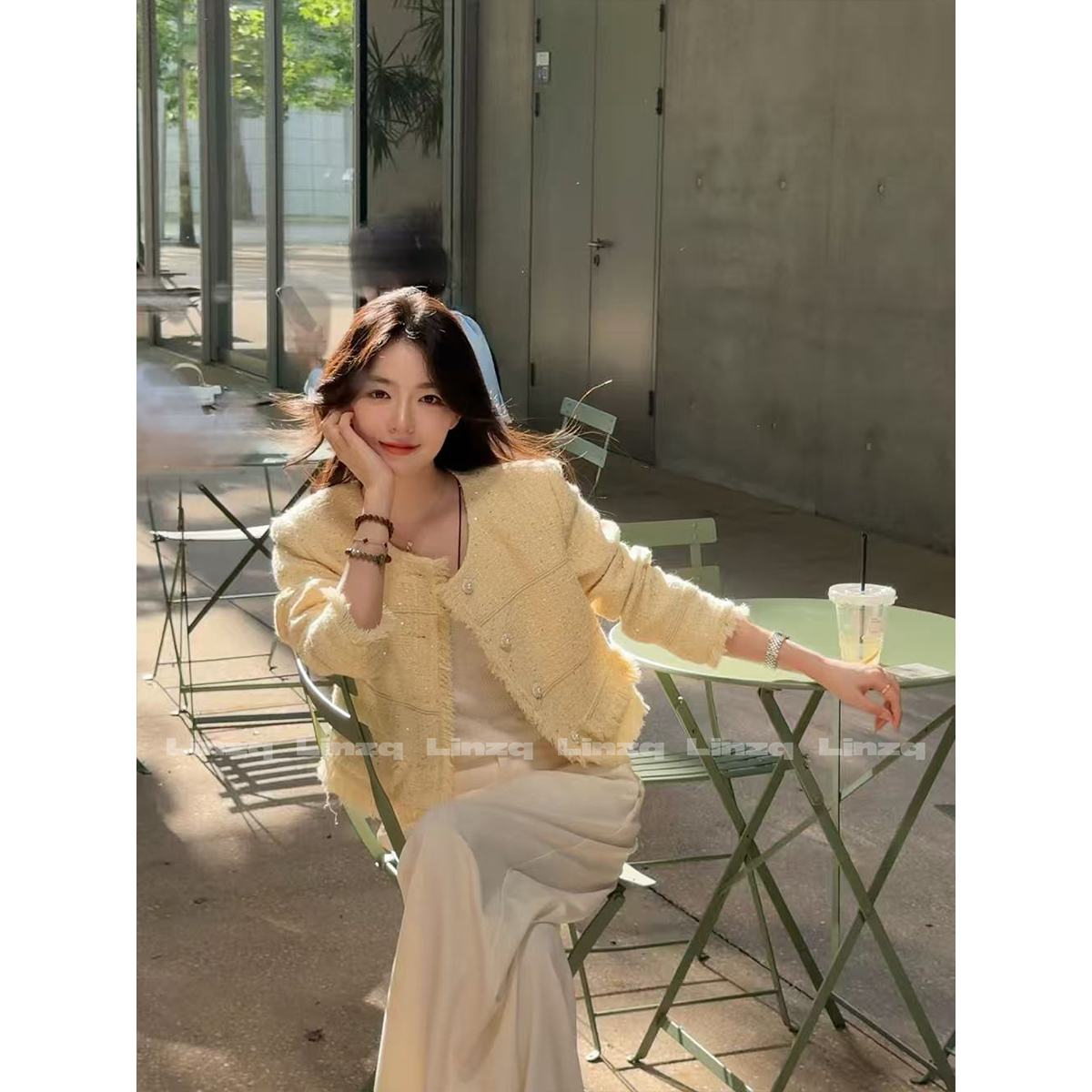 林子秋 【柠檬香颂】淡黄色织带流苏小香风外套