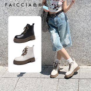 色非厚底马丁靴女款2025秋冬季新款英伦风显脚小黑色高帮鞋D557I