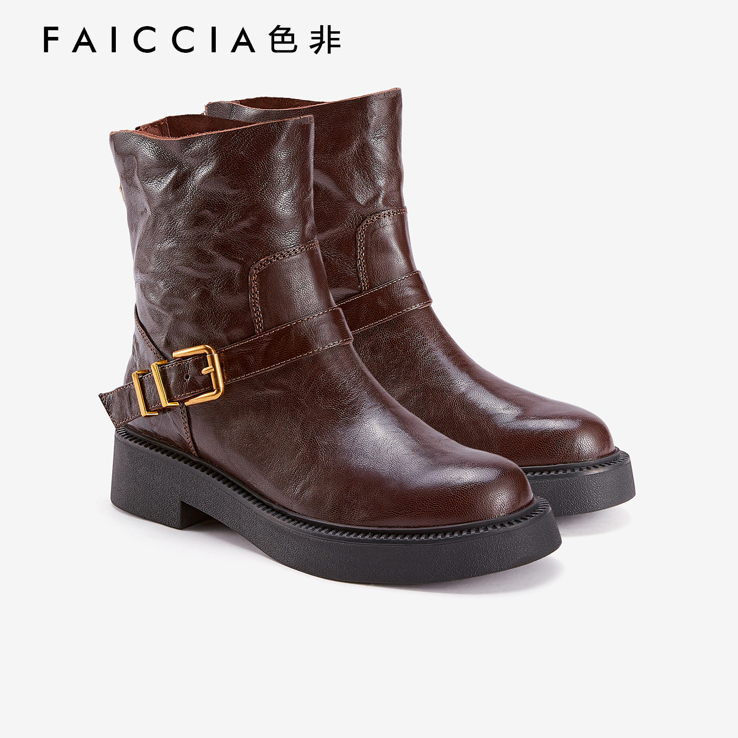 色非粗跟骑士靴女舒适圆头短筒靴