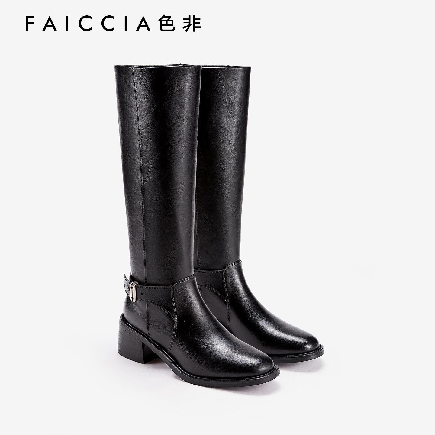 色非时髦圆头粗跟骑士靴女