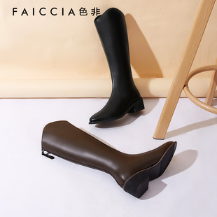 D530I 复古V口显瘦棕色女鞋 色非尖头真皮不过膝长筒靴女秋冬季 新款